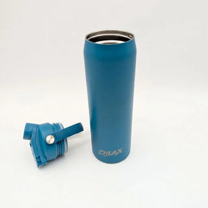 A blue insulated travel tumbler with a matching blue flip-straw lid placed beside it on a clean white background. The tumbler has a metallic silver rim at the top and the brand name 'CHLAX' printed near the bottom.