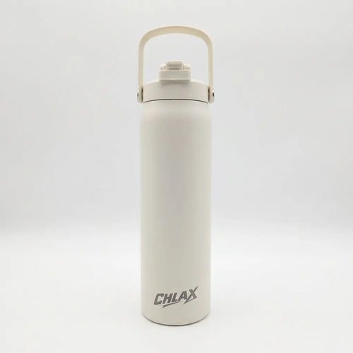 A tall, cylindrical insulated water bottle in a warm off-white or cream color, featuring a matching cream carrying loop lid and a dark gray 'CHLAX' logo near the bottom. The bottle is photographed against a seamless, light gray studio background.