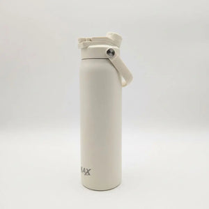 A matte off-white insulated water bottle with a flip-top lid and carrying loop, standing on a light grey background. The brand name 'CHLAX' is printed near the bottom.