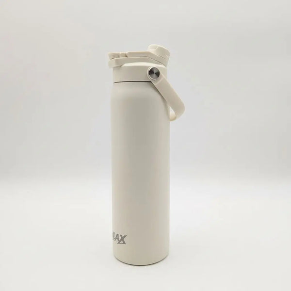 A matte off-white insulated water bottle with a flip-top lid and carrying loop, standing on a light grey background. The brand name 'CHLAX' is printed near the bottom.