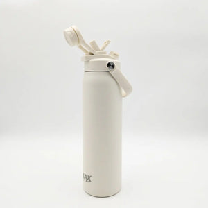A matte off-white insulated water bottle with a flip-top lid and carrying loop, shown on a clean white background.