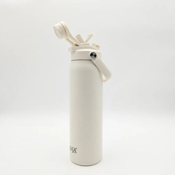 A matte off-white insulated water bottle with a flip-top lid and carrying loop, shown on a clean white background.