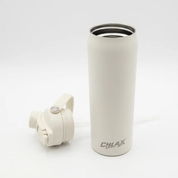 A tall, matte off-white insulated water bottle with a matching off-white flip-top lid placed beside it on a clean white background. The bottle has the brand name 'CHLAX' printed near the bottom.