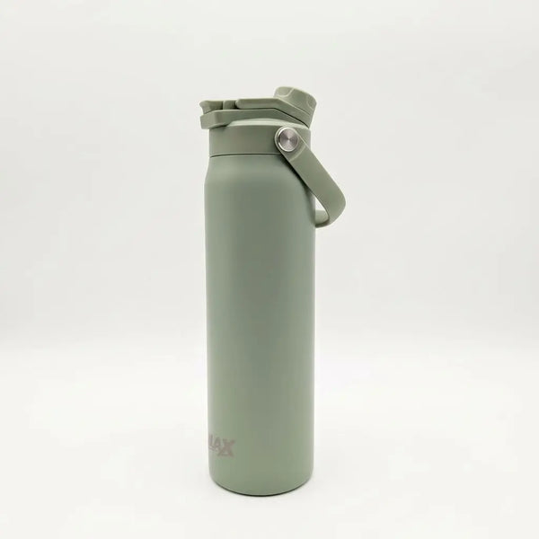 A matte sage green insulated water bottle with a flip-top lid and carrying loop, shown on a clean white background.
