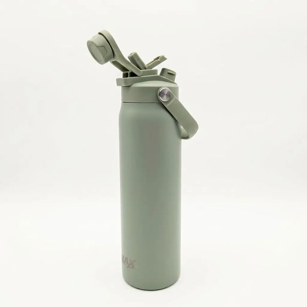 A matte sage green insulated water bottle with a flip-top lid and carrying loop, shown on a clean white background.