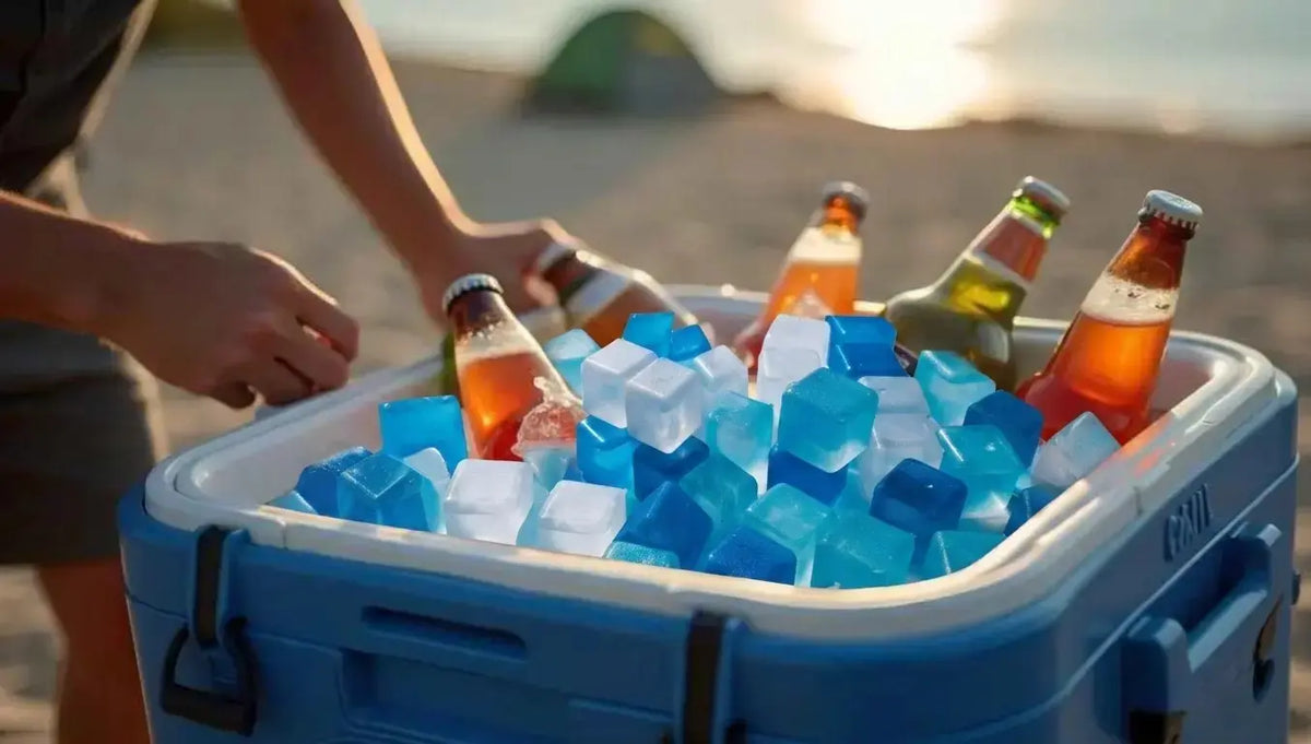 A blue cooler filled with ice cubes and several glass beer bottles on a beach, with a person's hands and arms visible at the left edge.