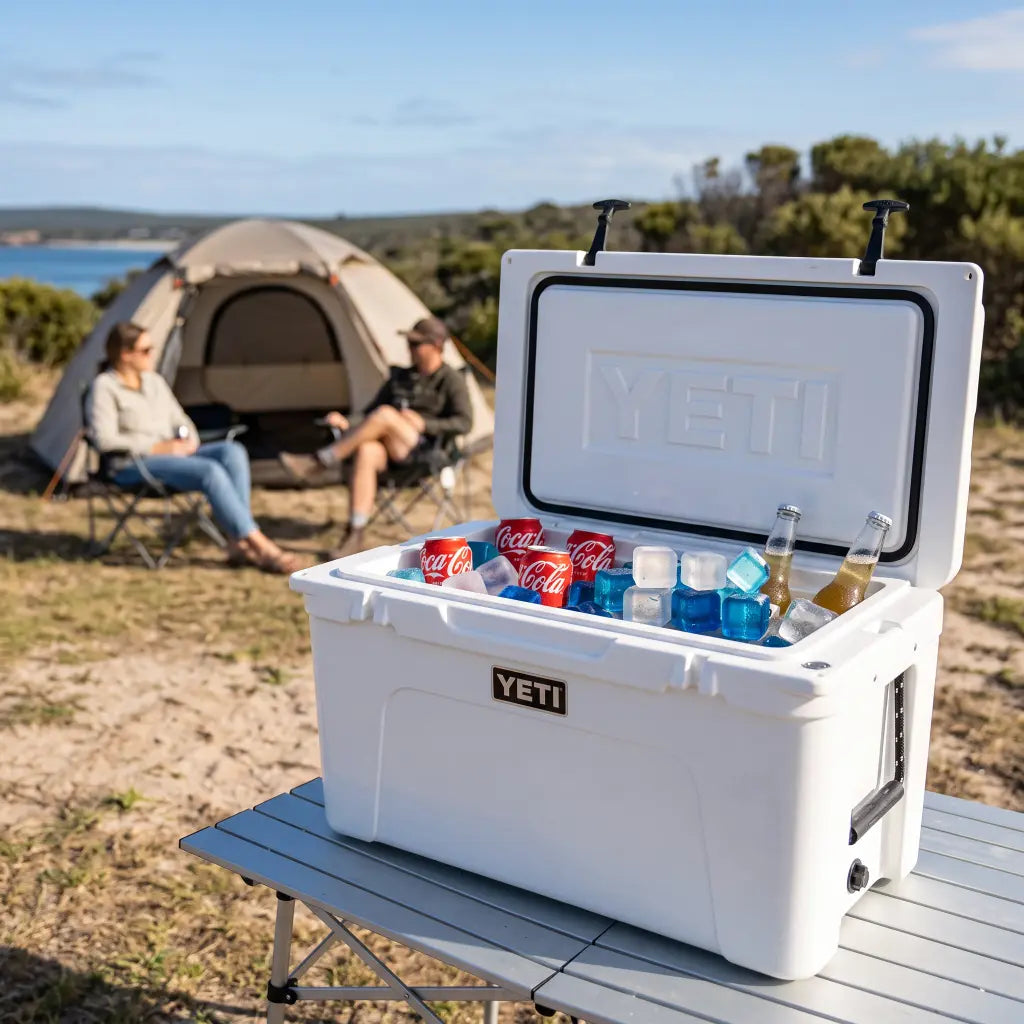 A white YETI cooler sits open on a folding table at a lakeside campsite, with two people sitting under a tent in the background. The cooler is filled with bottled drinks and ice, and the YETI logo is visible on the front and embossed on the lid.