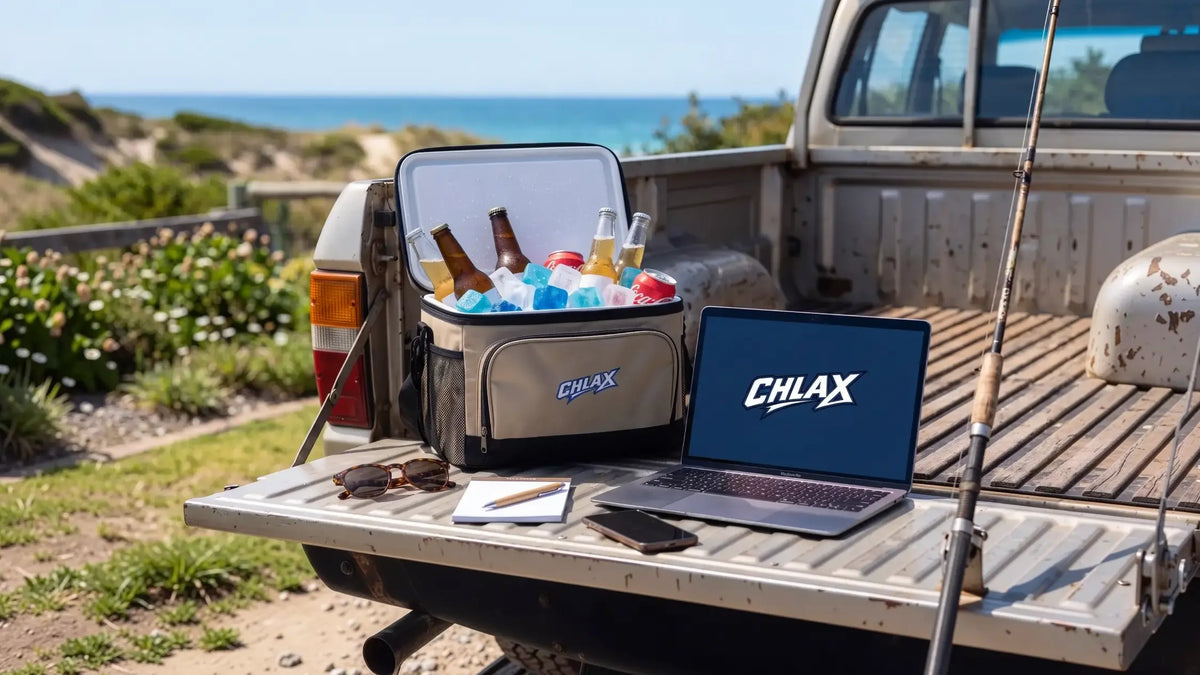 A black and gray CHiLAX cooler bag filled with drinks sits in the bed of a pickup truck outdoors near the ocean. A laptop with the CHiLAX logo is open on the tailgate, along with sunglasses, a notepad, and a phone.