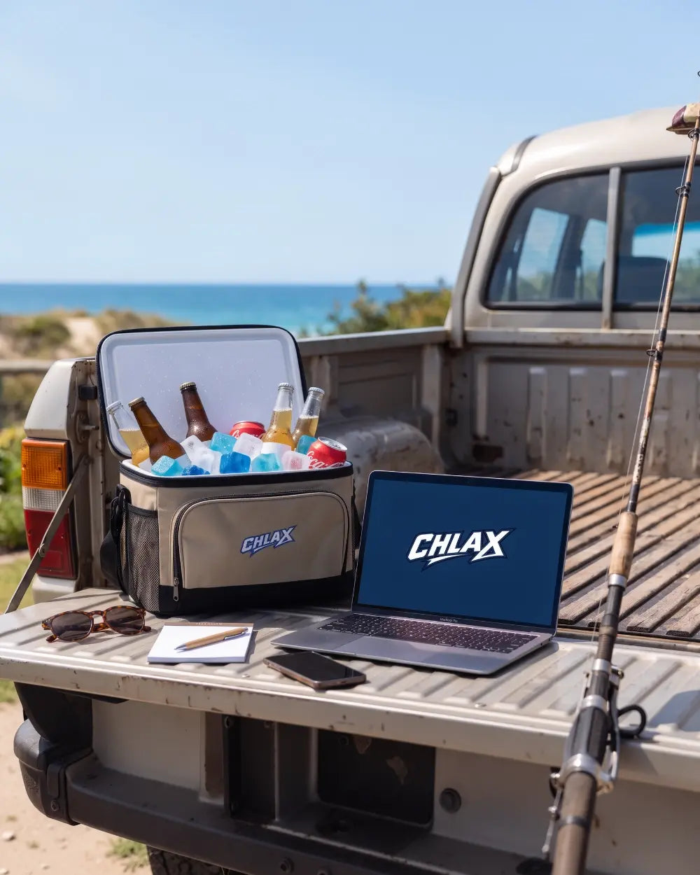A black and gray CHLAX cooler bag filled with bottled drinks sits in the back of a pickup truck tailgate, alongside a laptop showing the CHLAX logo and a fishing rod, with a beach and ocean in the background.