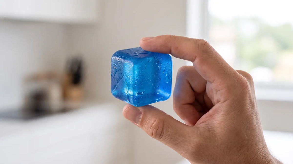 A hand holding a translucent blue cube-shaped gel or ice block in front of a softly blurred kitchen background.