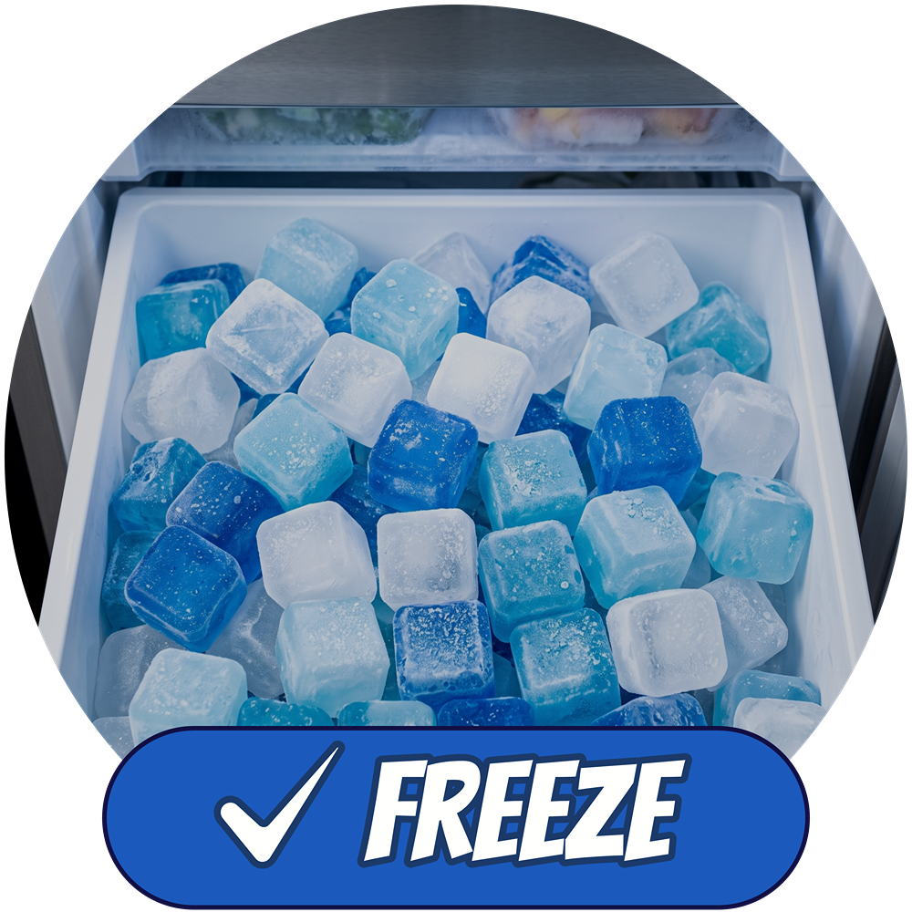 A circular inset showing blue and white reusable ice cubes inside a freezer drawer, with a blue badge at the bottom reading “FREEZE” and a white check mark.