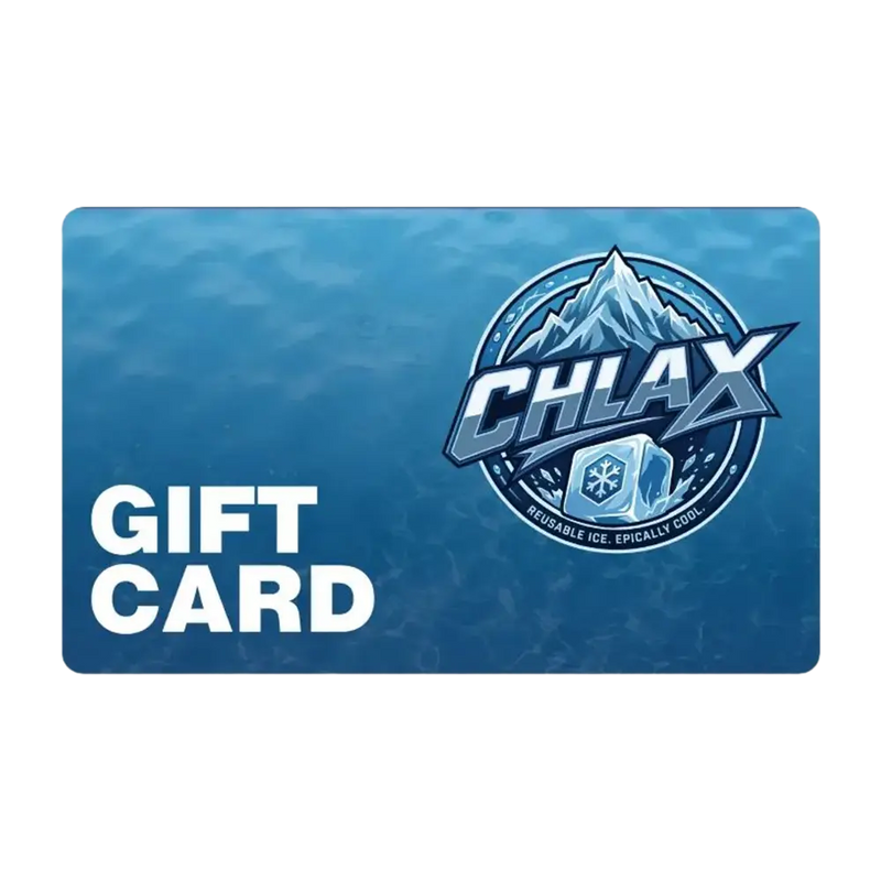 A blue CHLAX gift card with a textured icy background, featuring the CHLAX logo on the right and the words 'GIFT CARD' in large white letters on the left.