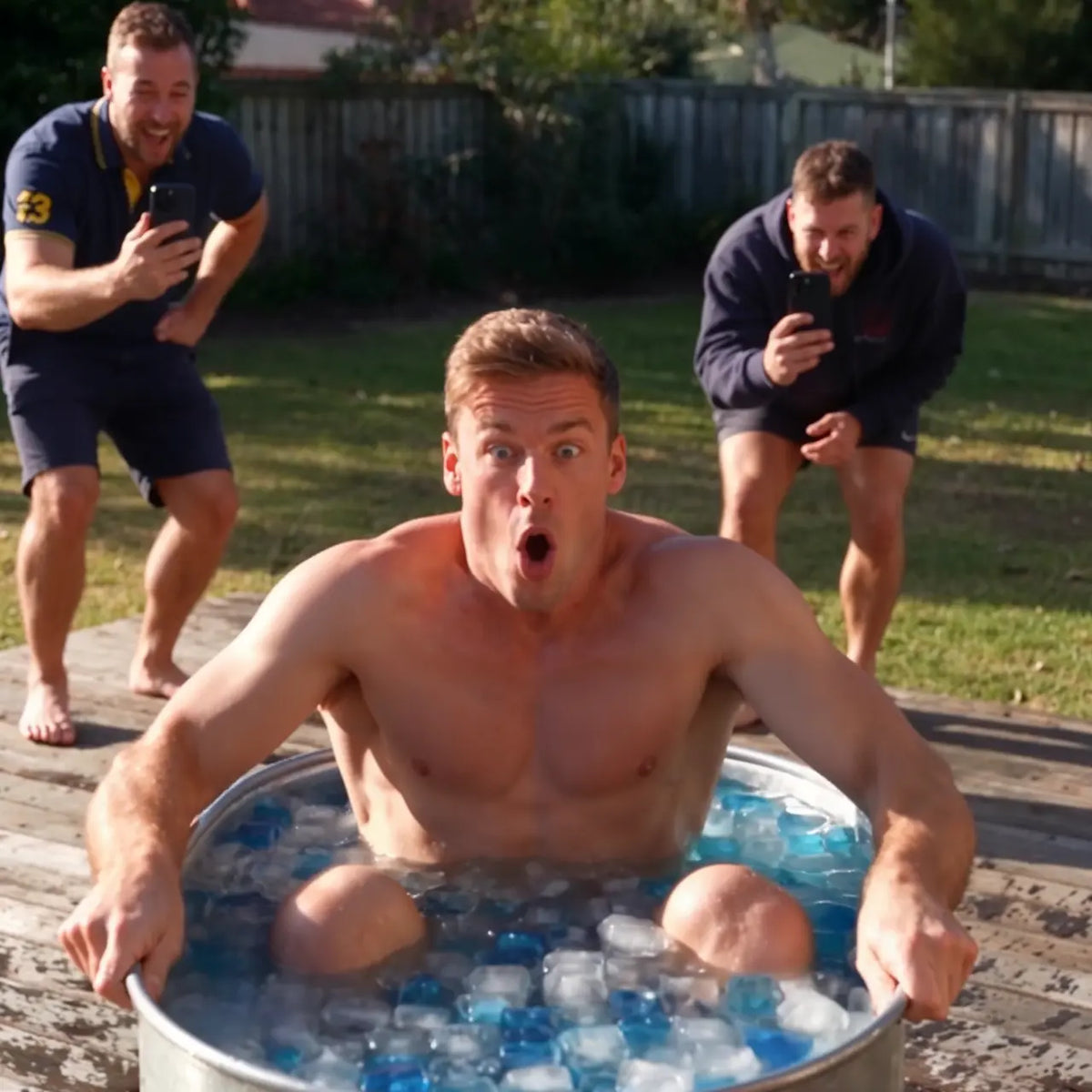 A shirtless man sits in a metal tub filled with ice and blue gel outdoors, with two other men standing behind him on a wooden deck in a backyard.