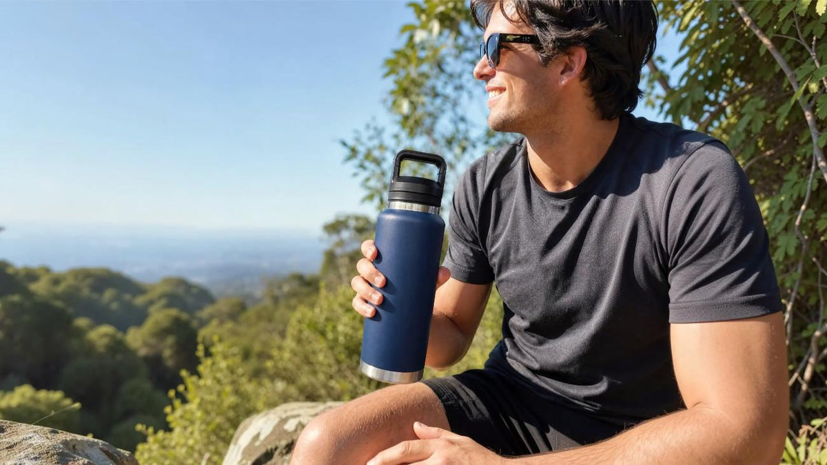 A man wearing sunglasses and a dark gray t-shirt sits outdoors on a rock, holding a navy blue insulated water bottle with a black lid. The background shows a scenic view of a forested mountain under a clear blue sky.