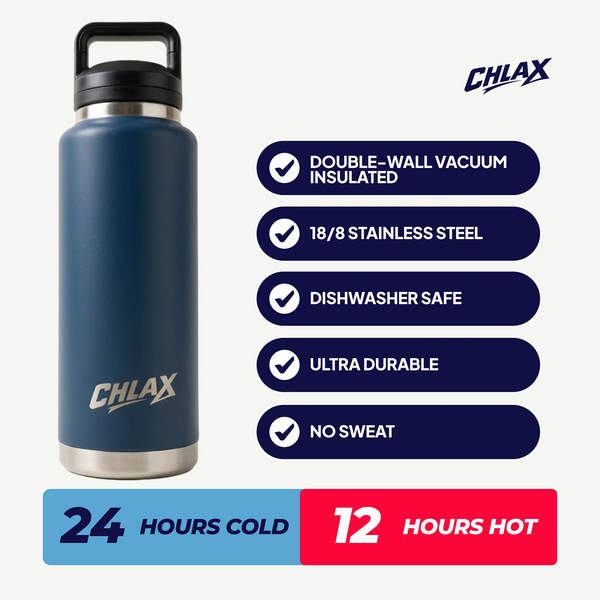 CHLX insulated bottle in blue with carry handle chug lid, 24 hours cold and 12 hours hot with double-wall vacuum insulated, 18/8 stainless steel, dishwasher safe, ultra durable, no sweat.