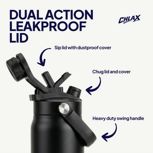 CHLAX dual action leakproof lid drink bottle showing features of sip lid with dust cover, chug lid and cover, heavy duty swing handle.