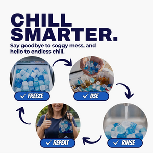 Promotional graphic for Chill Smarter ice cubes, showing the steps to use them: Freeze in a tray, Use in a drink, Repeat, and Rinse under running water. The text reads 'CHILL SMARTER.