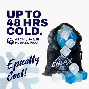 A reusable ice bag set featuring a black mesh drawstring bag labeled CHLAX, filled with clear and blue reusable ice cubes, on a white background with promotional text reading 'UP TO 48 HRS COLD.' and 'Epically Cool!'.