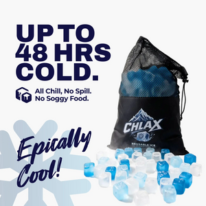 CHLAX reusable ice in a black mesh drawstring bag with blue and clear ice cubes shown in front, alongside marketing text reading 'UP TO 48 HRS COLD.' and 'Epically Cool!' on a white background.