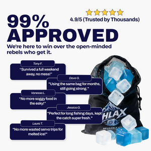 Promotional graphic for a reusable ice bag set. The image features a black mesh drawstring bag filled with blue and clear ice cubes, set against a white background with text overlays, customer testimonials, and a five-star rating.