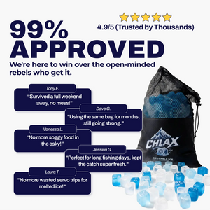 Promotional graphic for CHLAX reusable ice bags showing a black mesh drawstring bag filled with blue reusable ice cubes, with several customer review quote bubbles and a five-star rating badge on a white background.