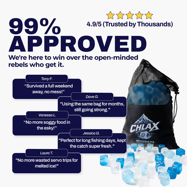Promotional graphic for CHLAX reusable ice bags showing a black mesh drawstring bag filled with blue reusable ice cubes, with several customer review quote bubbles and a five-star rating badge on a white background.