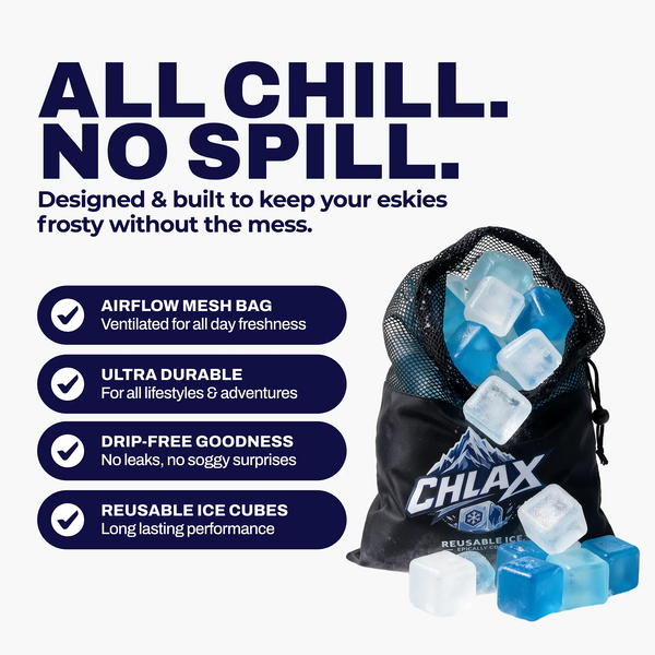 A promotional product graphic for a black mesh drawstring bag labeled CHLAX, shown filled with translucent blue reusable ice cubes on a white background. Large headline text reads 'ALL CHILL.