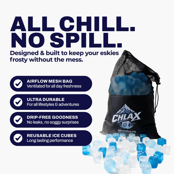 A promotional product shot for CHLAX reusable ice cubes and an airflow mesh bag. The image shows a black drawstring mesh bag with the CHLAX logo, several blue and clear reusable ice cubes, and marketing text on a white background.