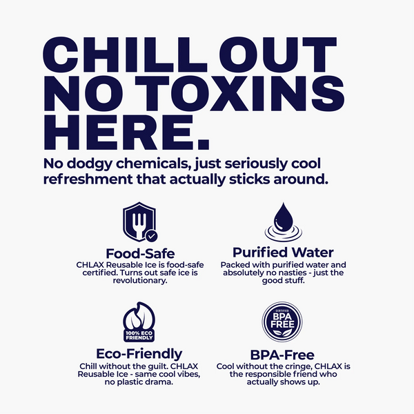A promotional graphic with the headline 'CHILL OUT NO TOXINS HERE.' in large navy text on a light gray background, plus four feature icons and text for Food-Safe, Purified Water, Eco-Friendly, and BPA-Free.