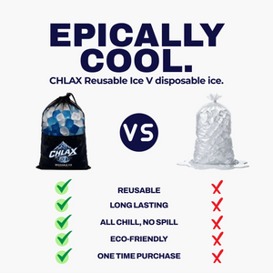 Promotional comparison graphic for CHLAX Reusable Ice V versus disposable ice. The left side shows a black drawstring bag filled with blue and white reusable ice cubes, branded with the CHLAX logo, under the headline 'EPICALLY COOL.