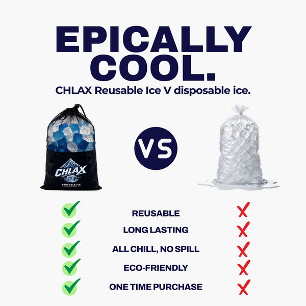 Promotional comparison graphic for CHLAX Reusable Ice V versus disposable ice. The left side shows a black drawstring bag filled with blue and white reusable ice cubes, branded with the CHLAX logo, under the headline 'EPICALLY COOL.