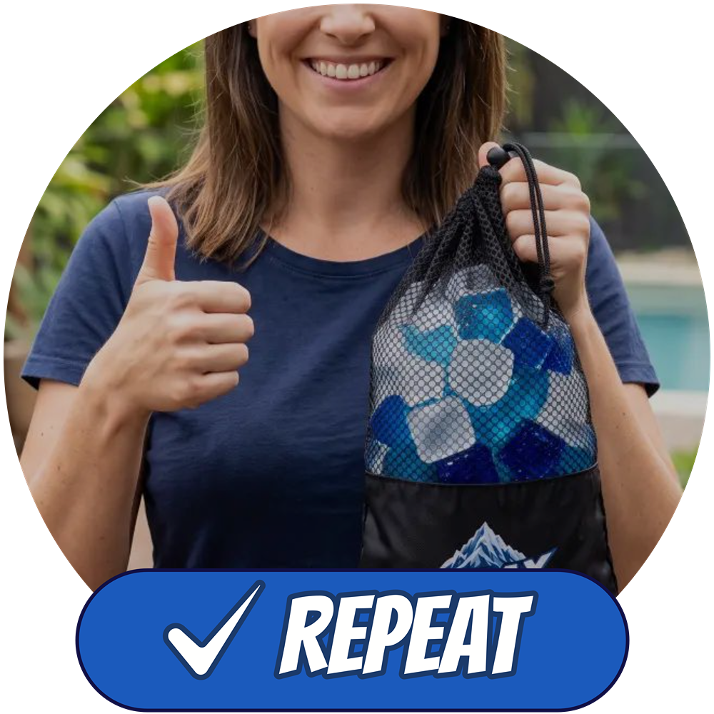 A woman in a navy blue t-shirt holds up a black mesh drawstring bag filled with blue and white reusable ice cubes, giving a thumbs-up. The image is framed in a circular border with a blue banner at the bottom reading 'REPEAT' with a checkmark.