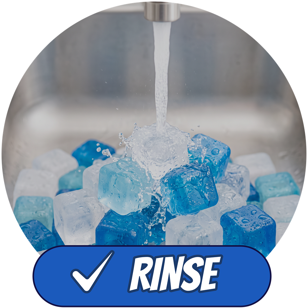 Blue and clear reusable ice cubes in a sink under running water, with a blue button overlay at the bottom reading “RINSE” and a white checkmark.