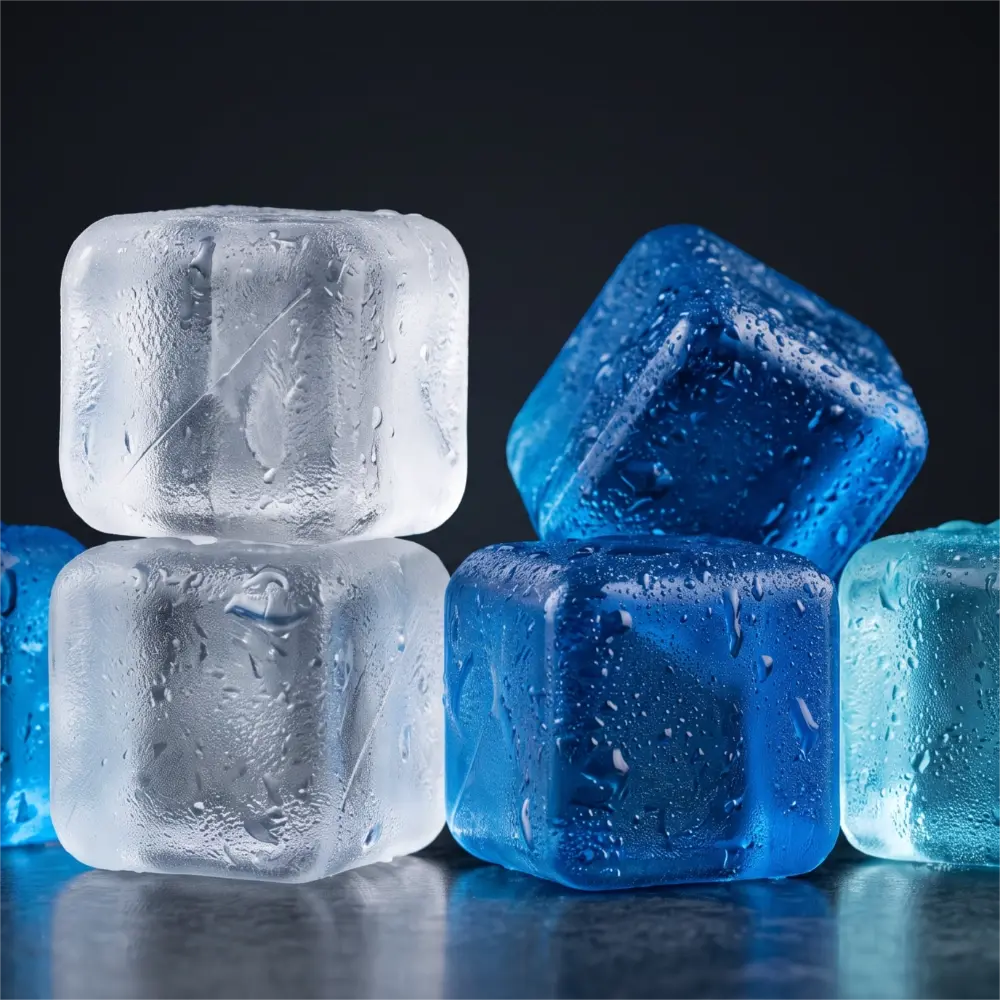 Several translucent ice cubes in clear and blue tones, some stacked and resting on a reflective dark surface against a black background.
