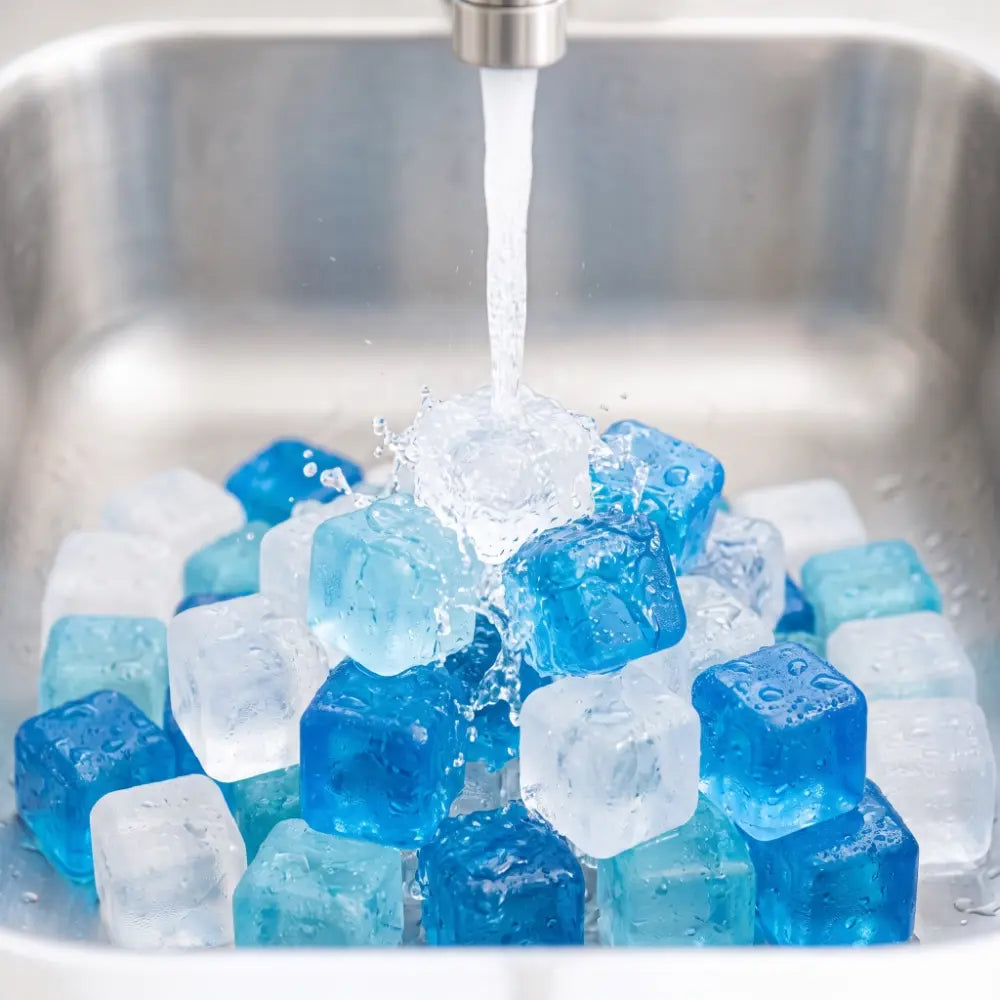 Blue and clear reusable ice cubes being rinsed under running water from a faucet in a stainless steel sink.