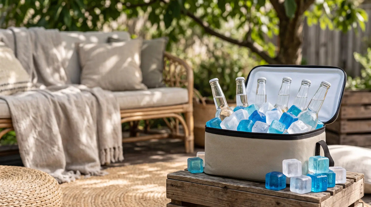 A beige cooler bag filled with ice cubes and several clear glass bottles, set on a wooden table in an outdoor patio setting with a sofa and trees in the background.