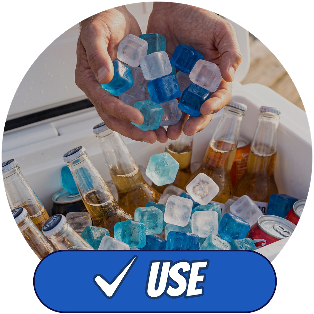 A circular lifestyle graphic showing a person's hands holding translucent blue and clear ice cubes above a white cooler filled with glass and canned beverages, with a blue 'USE' badge at the bottom.