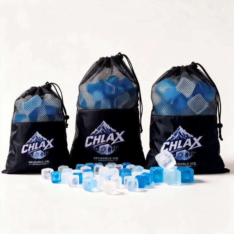 Three black mesh drawstring bags labeled CHLAX Reusable Ice, with blue reusable ice cubes inside and several loose blue and clear ice cubes in front, on a clean white background.