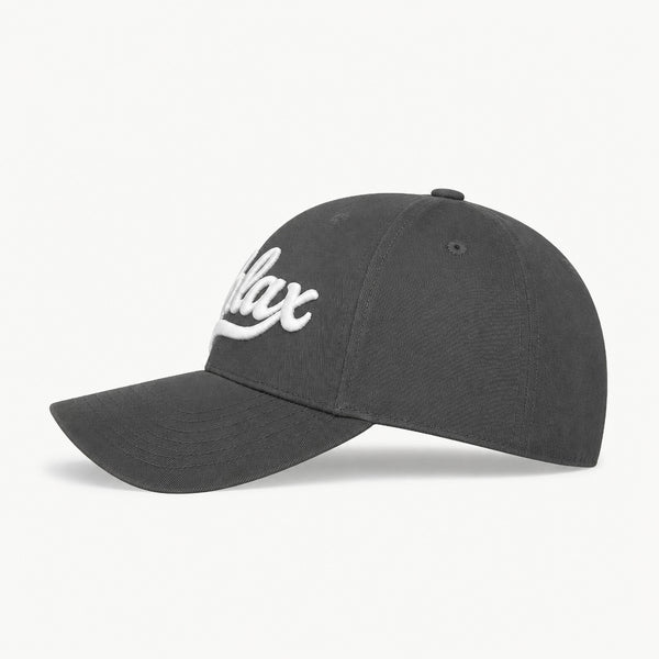 A dark gray baseball cap with a white embroidered script logo on the front, shown from a side profile on a clean white background.