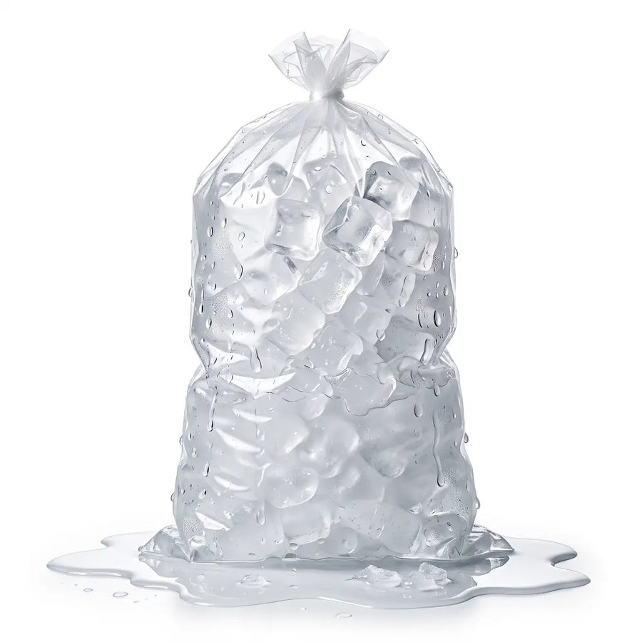 A clear plastic bag filled with transparent ice cubes, tied at the top and standing on a white background with a small pool of melted clear liquid around the base.
