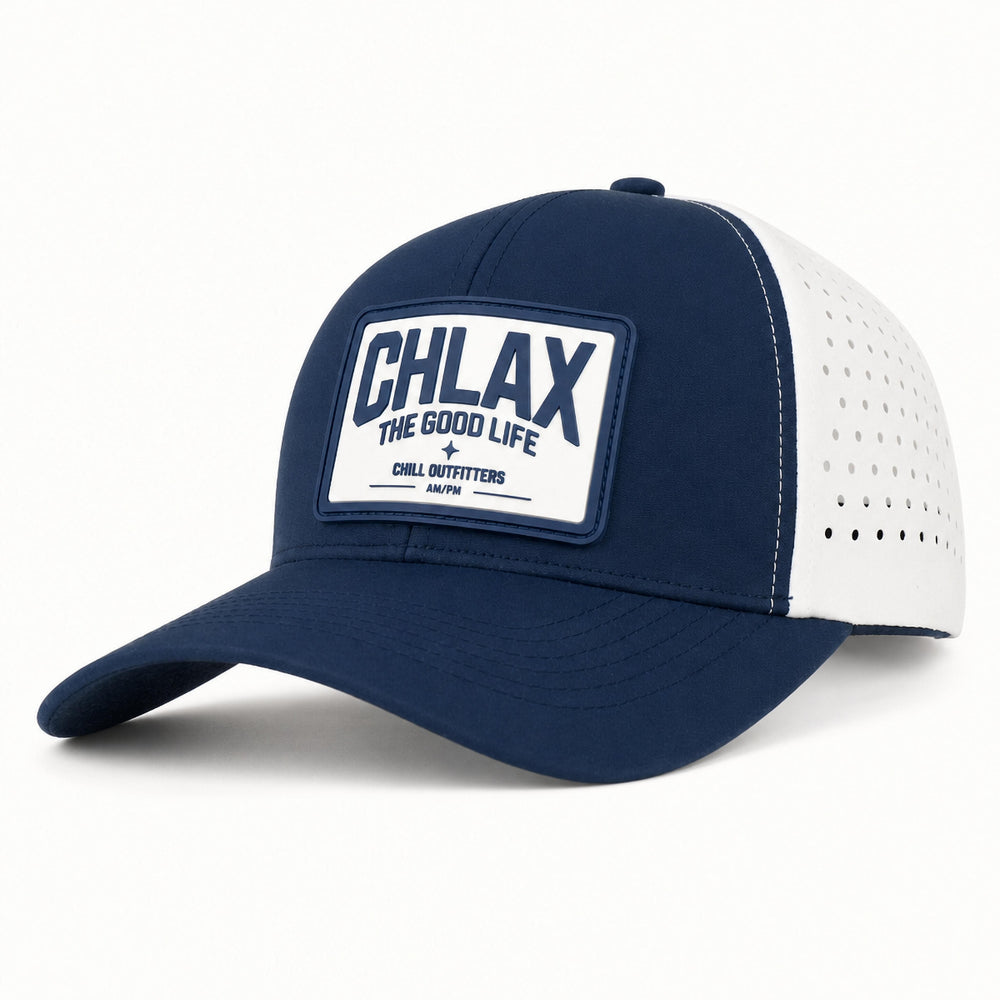 A navy blue and white trucker-style baseball cap with a white rectangular patch on the front that reads 'CHLAX THE GOOD LIFE' and 'CHILL OUTFITTERS'.