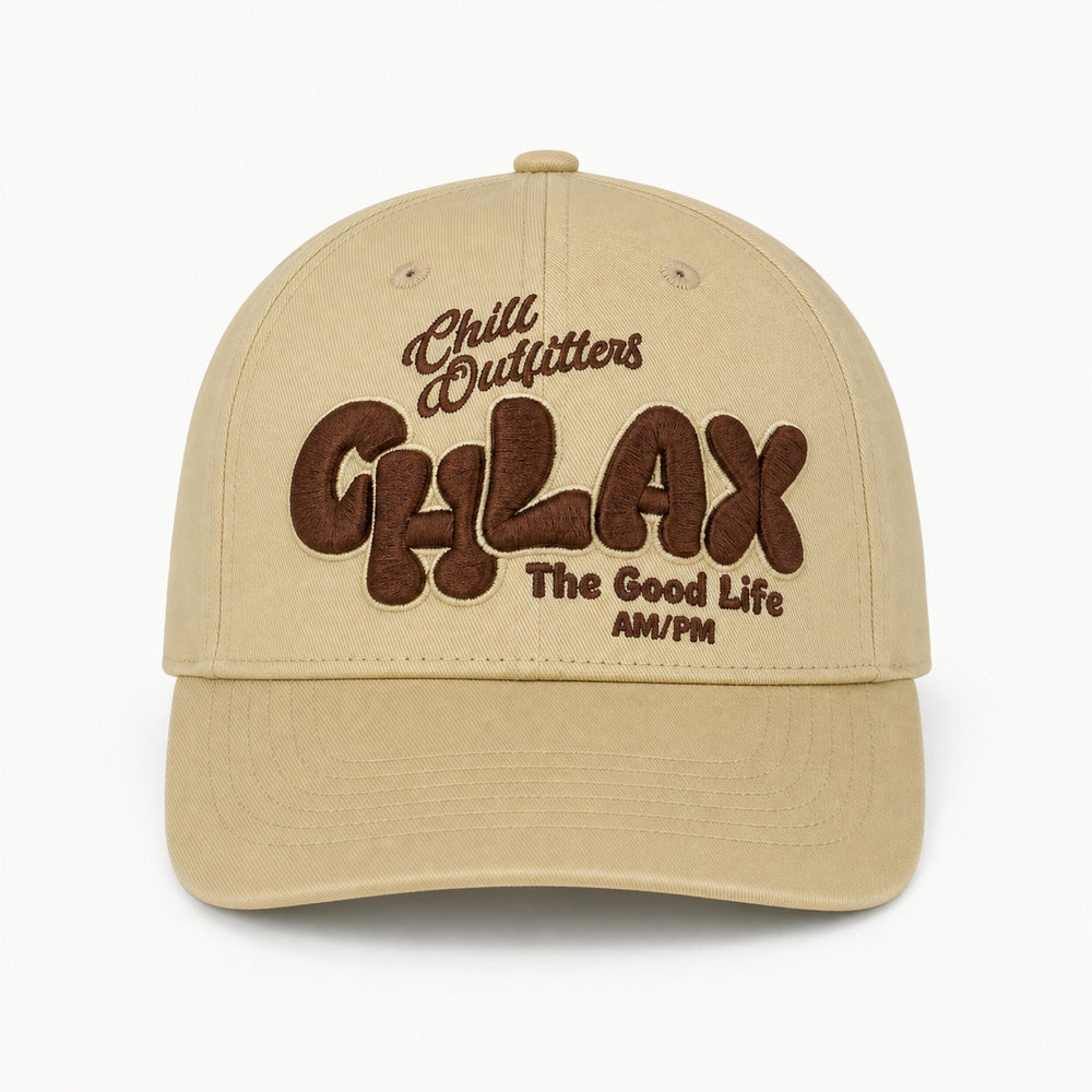 A beige baseball cap with brown embroidered text reading 'Chill Outfitters', 'CHLAX', and 'The Good Life AM/PM' on a clean white background.